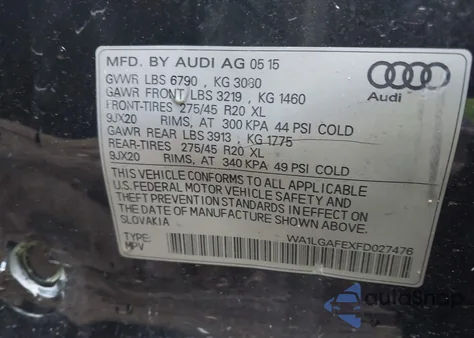 2015 Audi Q7 3.0T Premium z USA, uszkodzony, nr VIN WA1LGAFEXFD027476